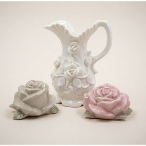 Ceramic Rose Salt & Pepper Shakers Pink Floral Vintage Kitchen Set with pitcher